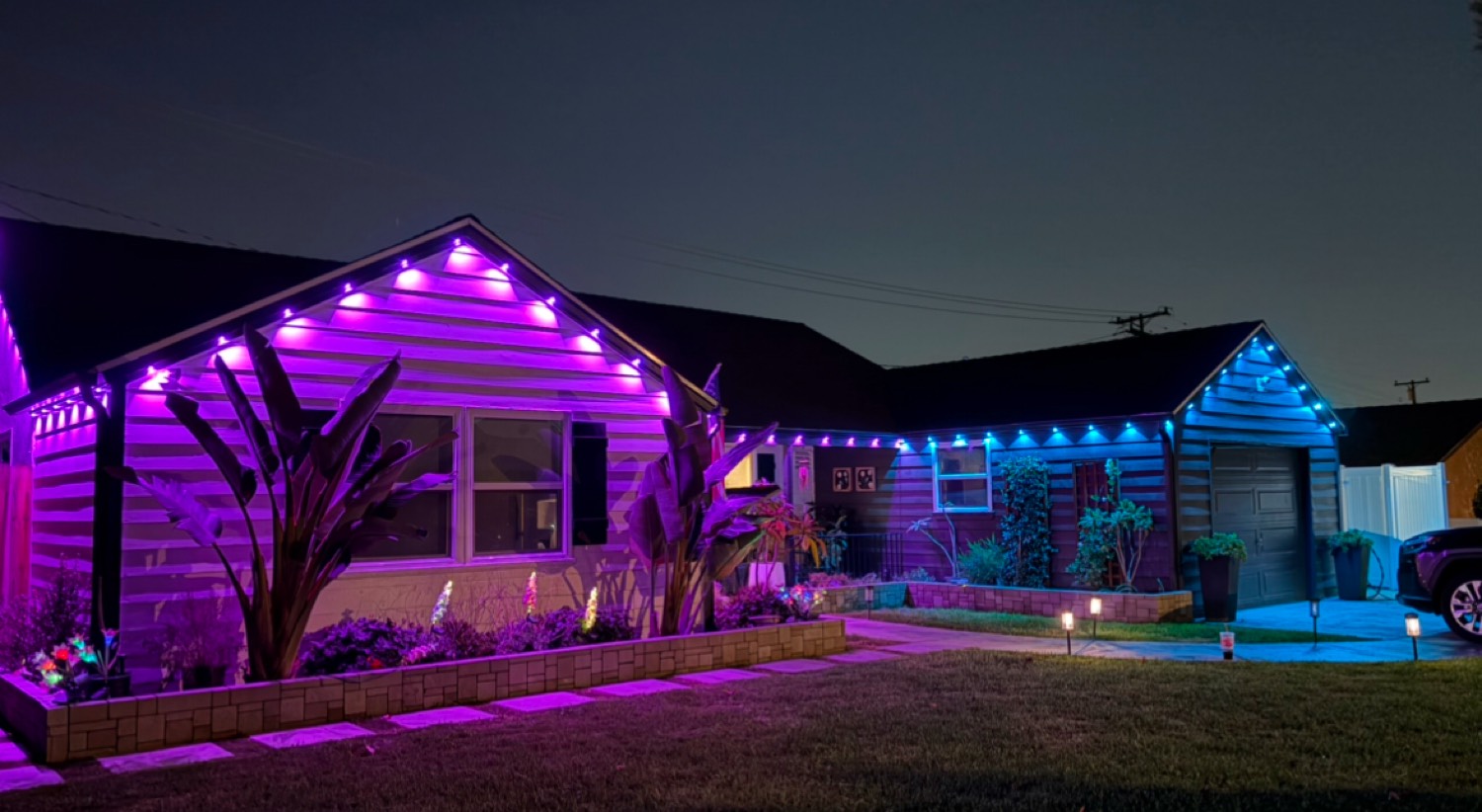 Purple and blue LED lighting on ranch house